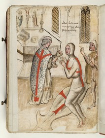 Der Gerichtskämpfer empfängt am Altar vom Priester die letzte Messe. Fecht- und Ringerbuch der Brüder vom Stain (nach Talhoffer)