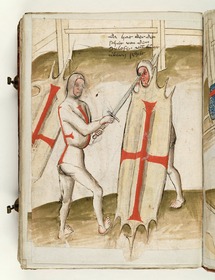 Der eine hat den Schild fortgeworfen und sticht dem andern das Schwert über dessen Schild ins Gesicht. Fecht- und Ringerbuch der Brüder vom Stain (nach Talhoffer)