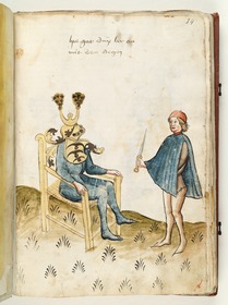 Dolchkampf. Der Ritter sitzt mit Zierheim und Wappen auf einem Stuhl. Ein Knappe bringt ihm den Dolch. Fecht- und Ringerbuch der Brüder vom Stain (nach Talhoffer)