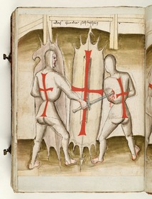 Der eine hat den andern von hinten erreicht und sticht ihm das Schwert in den Rücken. Fecht- und Ringerbuch der Brüder vom Stain (nach Talhoffer)
