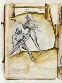 Der eine Ritter stellt dem andern ein Bein und sucht ihn von unten in den Leib zu stechen. Fecht- und Ringerbuch der Brüder vom Stain (nach Talhoffer)