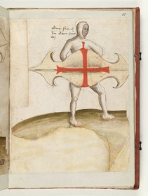 Gegenstellung: Der eine Kämpfer mit vor sich gehaltenem Schild: „der lost in an“. Fecht- und Ringerbuch der Brüder vom Stain (nach Talhoffer)