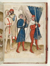 Einzug in die Schranken. Dem Kämpfer gehen zwei Knappen mit den Turniergeräten voran. Fecht- und Ringerbuch der Brüder vom Stain (nach Talhoffer)