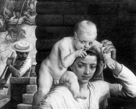 Junge Frau, ein Kind auf der Schulter tragend (Fragment)
