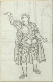 Iffland als Franz Moor in Schillers Räuber (5. Akt, 1. Szene). Vorzeichnung zur Radierung im "Almanach für Theaterfreunde auf das Jahr 1807" von August Wilhelm Iffland