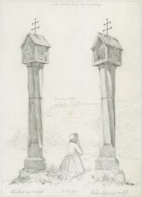Gotische Martersäule in zwei Ansichten, in der Mitte kniende Frau
