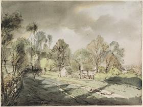 Landschaft. Dorfstraße mit einem Zaun links vorn