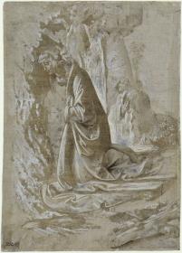 Madonna, kniend, in einer Landschaft