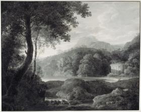Waldige Gebirgslandschaft mit See und Wasserfällen. Rechts zwischen Bäumen ein Rundtempel