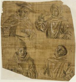 Zwei lesende Kirchenväter (heiliger Gregorius Magnus? und Heiliger Hieronymus) sowie zwei schreibende Mönche (heiliger Bernhard und heiliger Antonius?), jeweils in Halbfigur