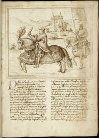 Turnierritter und Bannerträger vor seinem Schloss. aus: Romuleon