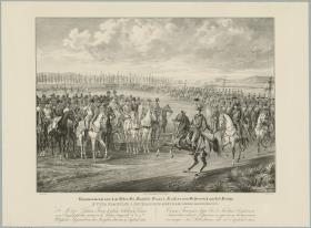 Gruppenbild Kaiser Franz Joseph I. führt Nikolaus I., Kaiser von Russland sein Regiment vor.