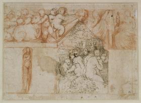 Entwurf für eine Wanddekoration mit Puttenfries und einer Darstellung von Diana und ihren Nymphen (Ideenskizze für die Freskendekoration für das camerino in der Rocca Sanvitale in Fontanellato bei Parma)
