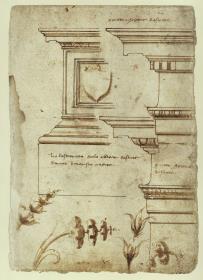 Sockel- und Gebälkstudien nach dem Piccolomini-Altar in Siena sowie Blüten