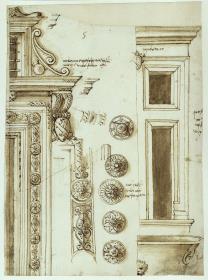 Rechte Hälfte des Portals und eine Fensterachse des Palazzo Venezia; Detailstudien zum Ornament des Portals und die Hälfte eines römischen Sarkophages bzw. Brunnens