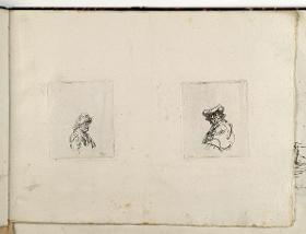 Alte Frau mit Hut nach rechts / Mann mit Barett nach links. in: Recueil de differents sujets d’étude gravé d’après les dessins de Rembrandt par D. Laurentz