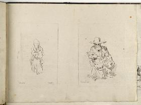 Gehende Frau mit Krug / Sitzender alter Mann mit großem Hut. in: Recueil de differents sujets d’étude gravé d’après les dessins de Rembrandt par D. Laurentz