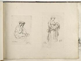 Sitzender Mann mit der Hand am Kinn / Stehende stillende Frau. in: Recueil de differents sujets d’étude gravé d’après les dessins de Rembrandt par D. Laurentz