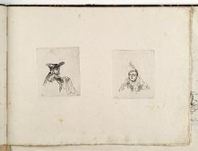 Büste einer Frau mit Hut nach rechts / Büste einer jungen Frau. in: Recueil de differents sujets d’étude gravé d’après les dessins de Rembrandt par D. Laurentz