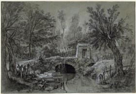 Landschaft mit Bach und Brücke