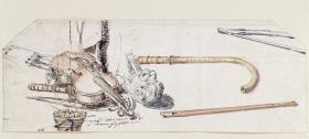 Studie verschiedener Musikinstrumente (Violine mit Bogen, Krummhorn, Tanzpfeife und Fagott)