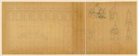 Schloss Bellevue zu Kassel, Grundrisse, Fassadendetail Hofseite, re.Wappenkartusche, Grundriss Pavillon, zwei Aufrisse, zwei Ofenvarianten