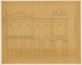 Schloss Bellevue zu Kassel, Aufriss, re.Darstellung Giebelrelief