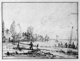 Flusslandschaft. Vorn links ein kleiner Steg, über den ein Mann nach links geht