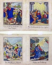 Jesus treibt die Verkäufer aus dem Tempel. Die Wendung des heiligen Geistes. Die Grablegung Christi. Jesus am Ölberg.