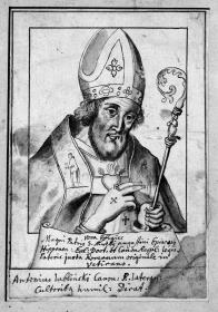 Der heil. Aurelius, Brustbild, mit geneigtem Kopf, halb nach rechts gewandt, mit dem Krummstab in seiner Linken