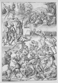 Sechs Blatt mit allegorischen Darstellungen der Todsünden. Der Totschlag