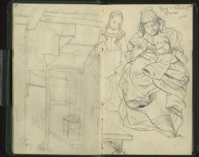 Raumskizze im Museum in Den Haag / Frau ein Kleinkind fütternd, daneben ein kleines Mädchen, im Museum in Den Haag nach Labbaert