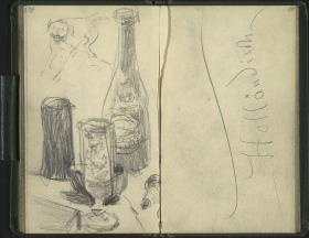 Hund, Flasche und Gläser