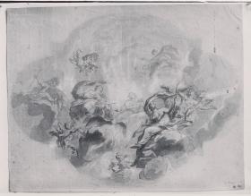 Apollo zwischen Göttern auf Wolken