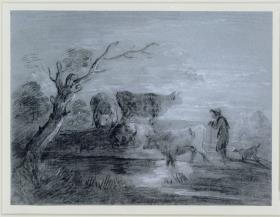 Landschaft mit Kühen und Hirten an einem Teich