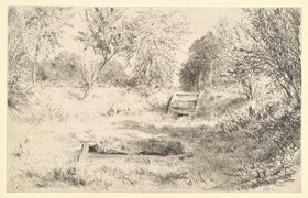 Baumumstandene Senke mit weidendem Lamm