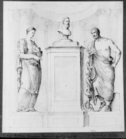 Hygiea und Asklepios zu Seiten einer Büste des Hippokrates. Hinten ein Säulenrund. Die beiden Statuen aus der Sammlung Polignac (Berlin Nr. 355 und 68) im Gegensinne. Vorlage für Radierung. Erwähnt in J. C. W. Möhsen Catalogus iconum potissime clarissimorum medicorum ... p 2