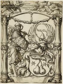 Scheibenriss mit einem Landsknecht und Birnenwappen
