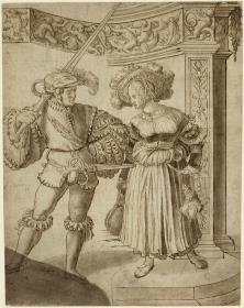 Landsknecht und Marketenderin in reliefgeschmückter Nische