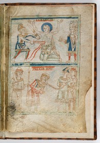 Passio Sanctae Luciae, die kniende Lucia wird vom Henker mit dem Schwert erstochen / Der gefangene König Paschasius wird an einer Kette fortgeführt