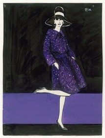 Violettes Ensemble und schwarzer breitkrempiger Hut