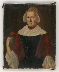 Porträt einer Frau mit Rokokohaube, Schultertuch und Nelke