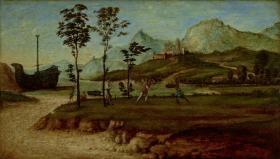 Küstenlandschaft mit zwei kämpfenden Männern
