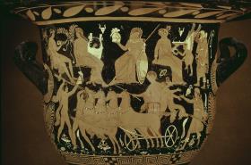 Apulischer, rotfiguriger Glockenkrater - Raub des Chrysippos (A), Dionysos und Mänaden (B)