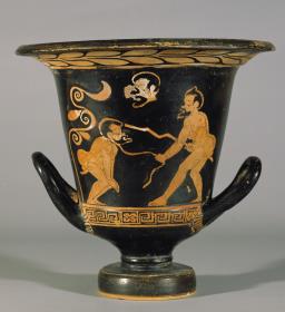 Unteritalischer Krater: Phlyakenposse (Bestrafung eines Sklaven)
