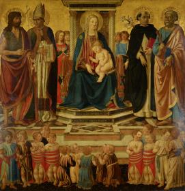 Thronende Maria mit dem segnenden Kind, den Heiligen Johannes dem Täufer, Augustinus, Dominicus, Petrus und den Opfern des betlehemitischen Kindermordes