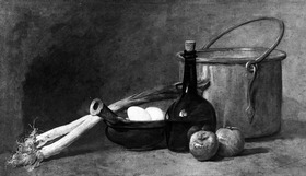 Stillleben mit Kupferkessel, Flasche, Schüssel mit Eiern und zwei Lauchstauden