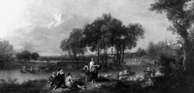 Waldige Flusslandschaft mit Hirten