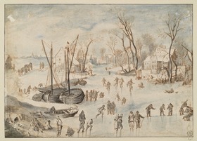 Winter am Kanal. Eingefrorene Segelboote und zahlreiche Schlittschuhläufer vor einem Dorf im Mittelgrund
