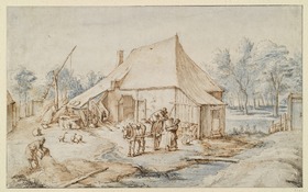 Bauernhof, in der Mitte hinten ein Stall, davor ein zweirädriger Karren mit einem Pferd und Bauer und Bäuerin beim Aufladen
